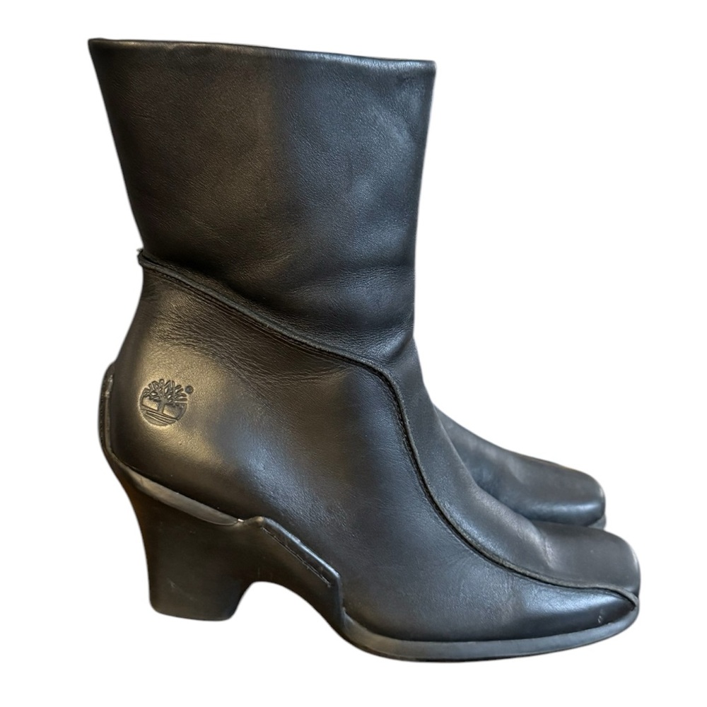 Timberland Black Leather Heeled Boots Mid Calf Women’s Size 9 M